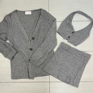 Gray three-piece skirt set with cardigan, small